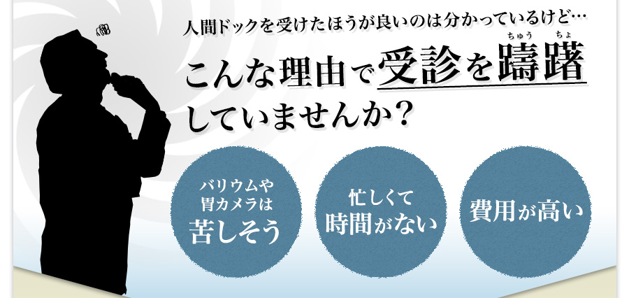 人間ドックを受けたほうが良いのは分かっているけど…こんな理由で受診を躊躇していませんか？バリウムや胃カメラは苦しそう／忙しくて時間がない／費用が高い