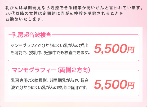  乳がんは早期発見なら治る確率が高いがんと言われています。20代以降の女性は定期的に乳がん検診を受診されることをお勧めいたします。